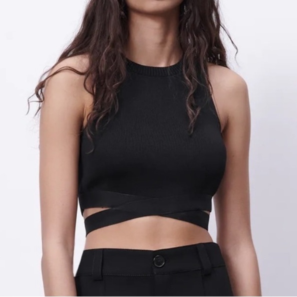 Zara Black Cut Out Knit Bandage Crop Top Size Small